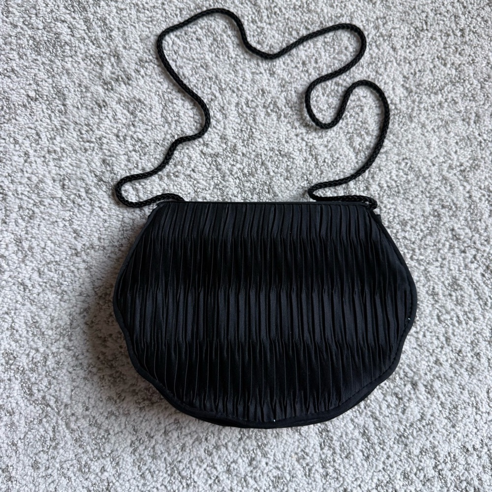 Vintage Black Satin Pleated Evening Bag | Formal Cocktail Purse